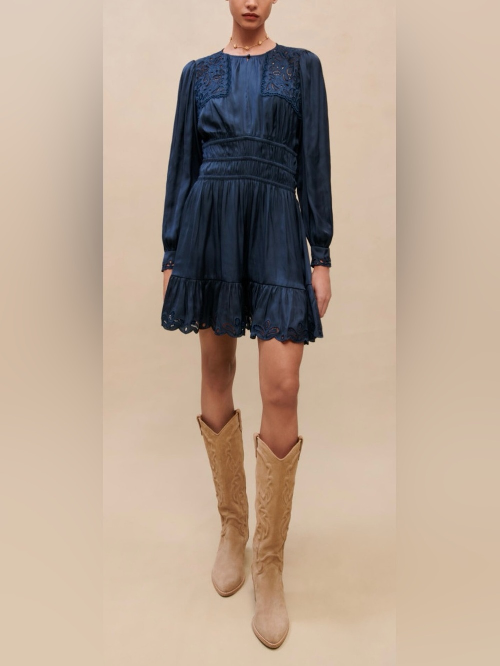 Maje Sz 38 Blue Marine Long Sleeve Silk Embroidered Smocked Dress NWT